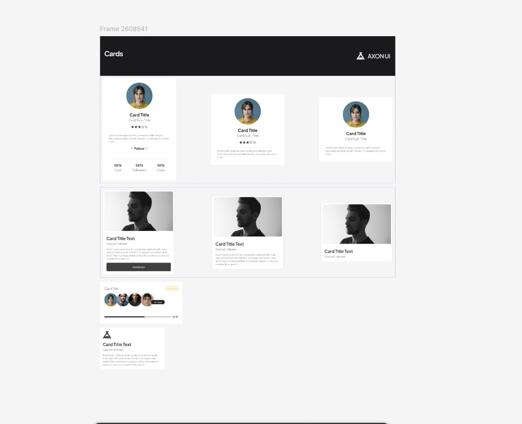 AXON UI card component variants for profiles, content, and projects