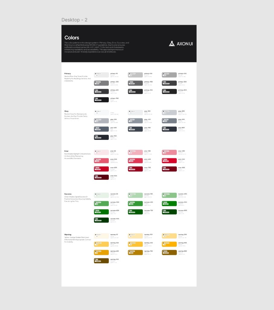 AXON UI color tokens for primary, grey, error, success, and warning