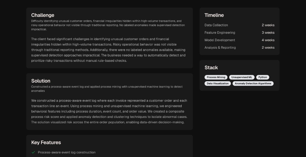 Case study challenge, solution, timeline, and stack details