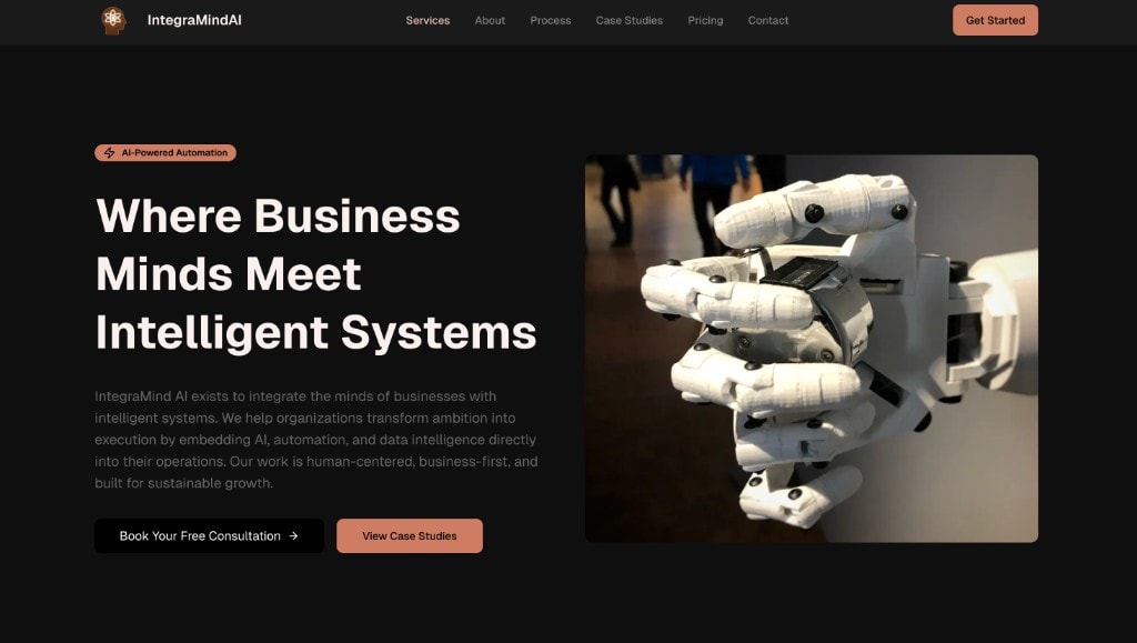 IntegraMindAI homepage hero with consultation and case study CTAs