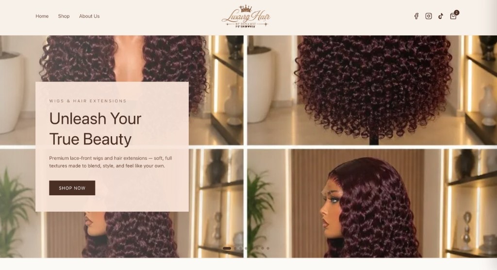 Luxury Hair homepage hero with wig photography and Shop Now CTA