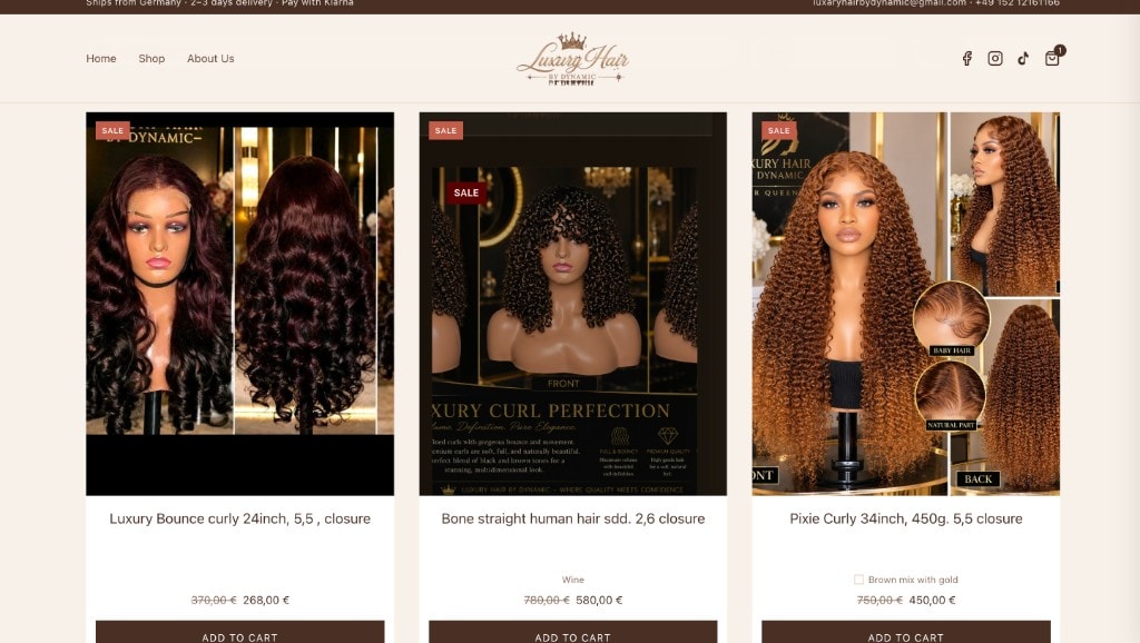 Shop page product grid with sale badges and Add to Cart