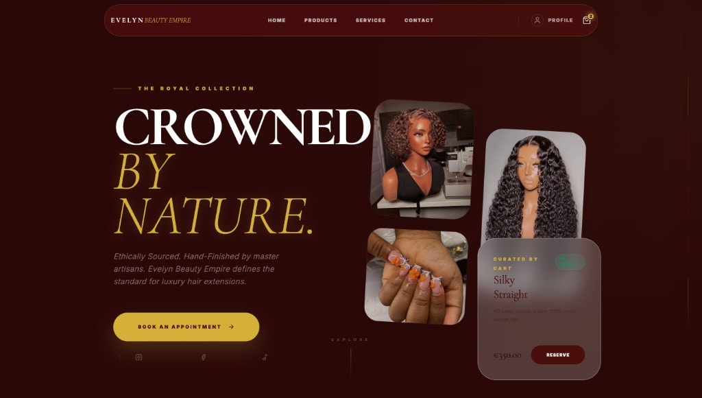 Evelyn Beauty Empire hero with Royal Collection and product card