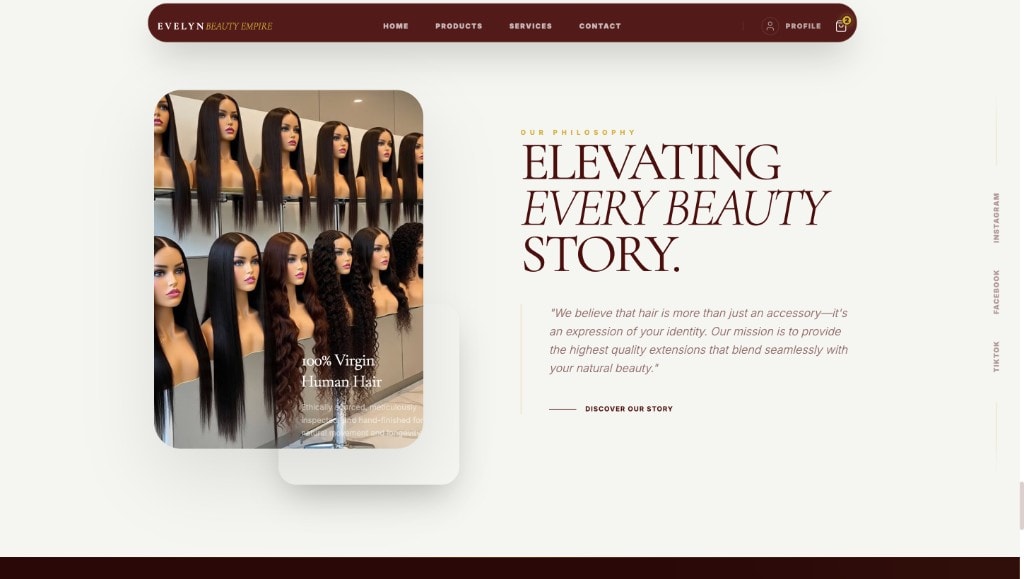 Philosophy section with virgin human hair imagery