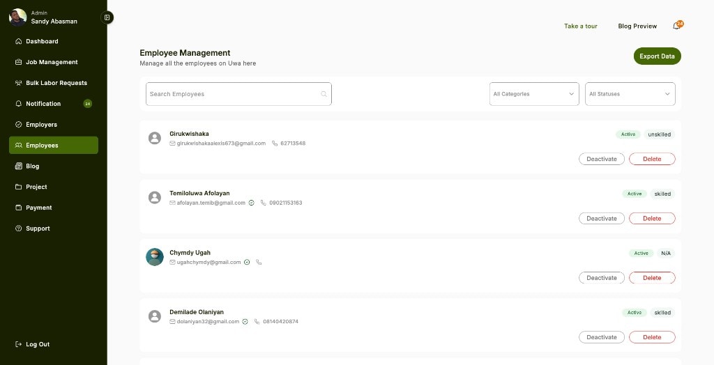 Admin Employee Management list with status and actions