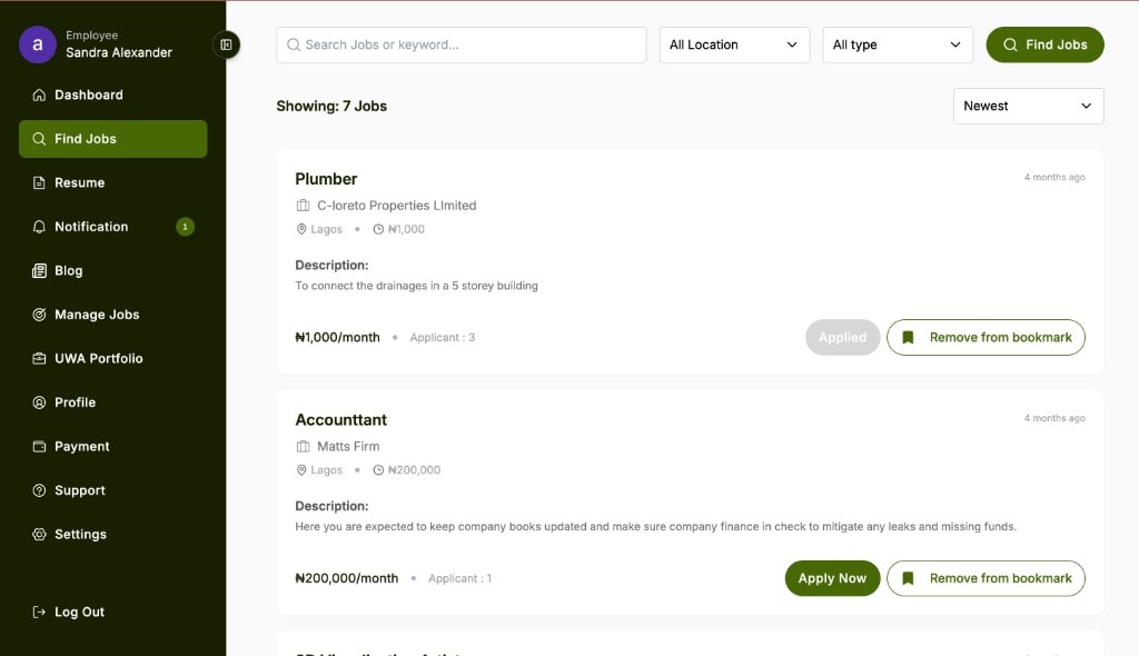 Find Jobs listing with search, filters, and apply actions
