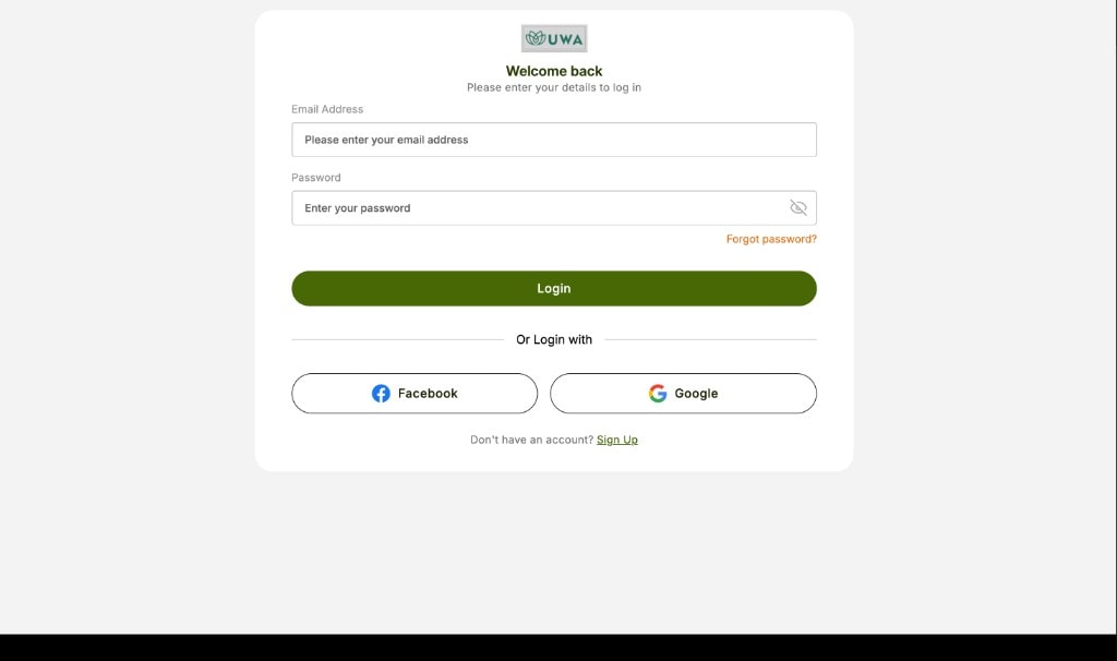 UWA login screen with email, password, and social auth