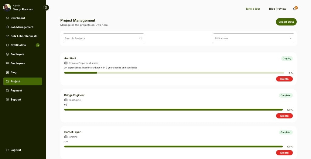 Admin Project Management with progress and status badges